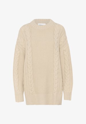 Bő, krémszínű kötött pulóver magas, kerek nyakkivágással, amely kábelmintás dizájnnal rendelkezik a ujjakon, valamint bordás szegéllyel és mandzsettákkal.