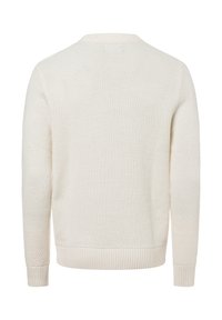 Suéter color crema con un patrón de tejido texturizado, puños y dobladillo de canalé, cuello redondo y mangas de longitud media.