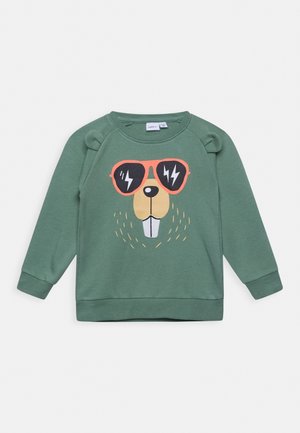 Sudadera verde con cuello redondo, que presenta un dibujo animado de un castor con gafas de sol naranjas. Tela suave, puños y dobladillo acanalados.