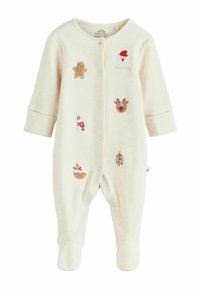Cremfarbener Baby-Overall mit weihnachtlichem Stickdesign, das Santa, ein Rentier, einen Lebkuchenmann, einen Weihnachtsstrumpf, einen Pudding und einen geschmückten Baum beinhaltet.