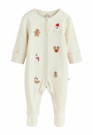 Cremfarbener Baby-Overall mit weihnachtlichem Stickdesign, das Santa, ein Rentier, einen Lebkuchenmann, einen Weihnachtsstrumpf, einen Pudding und einen geschmückten Baum beinhaltet.
