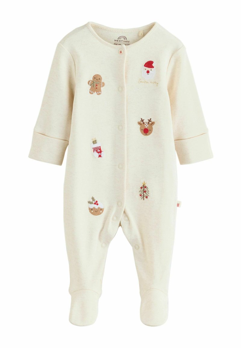 Cremfarbener Baby-Overall mit weihnachtlichem Stickdesign, das Santa, ein Rentier, einen Lebkuchenmann, einen Weihnachtsstrumpf, einen Pudding und einen geschmückten Baum beinhaltet.