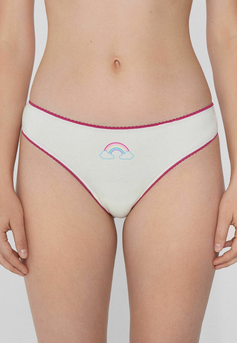 White cotton bikini-style underwear with a pink scalloped waistband, featuring a colorful rainbow and clouds embroidered on the front.