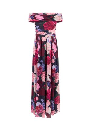 Abito lungo con scollo ampio che scopre le spalle, vita aderente e grande stampa floreale rosa, rossa e viola su sfondo scuro.