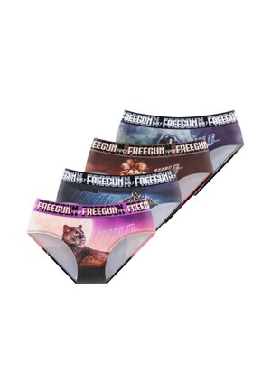 Ensemble de quatre culottes pour femmes avec des imprimés d'animaux et de nature, chacune dotée d'une ceinture élastique marquée "FREEGUN WILD".