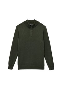 Dunkelgrüner Strickpullover mit hohem Kragen, verfügt über einen Viertelreißverschluss sowie gerippte Bündchen und Saum. Die strukturierte Stoffart sorgt für zusätzliche Wärme.