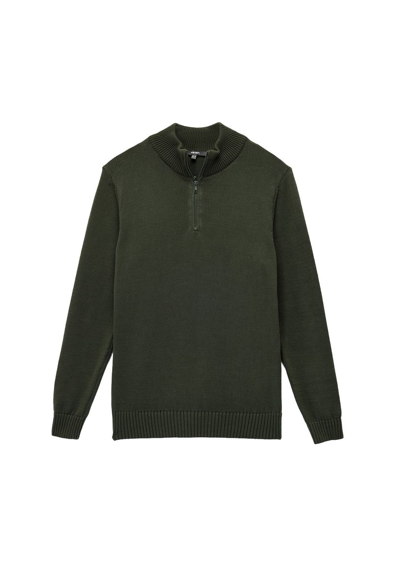 Dunkelgrüner Strickpullover mit hohem Kragen, verfügt über einen Viertelreißverschluss sowie gerippte Bündchen und Saum. Die strukturierte Stoffart sorgt für zusätzliche Wärme.