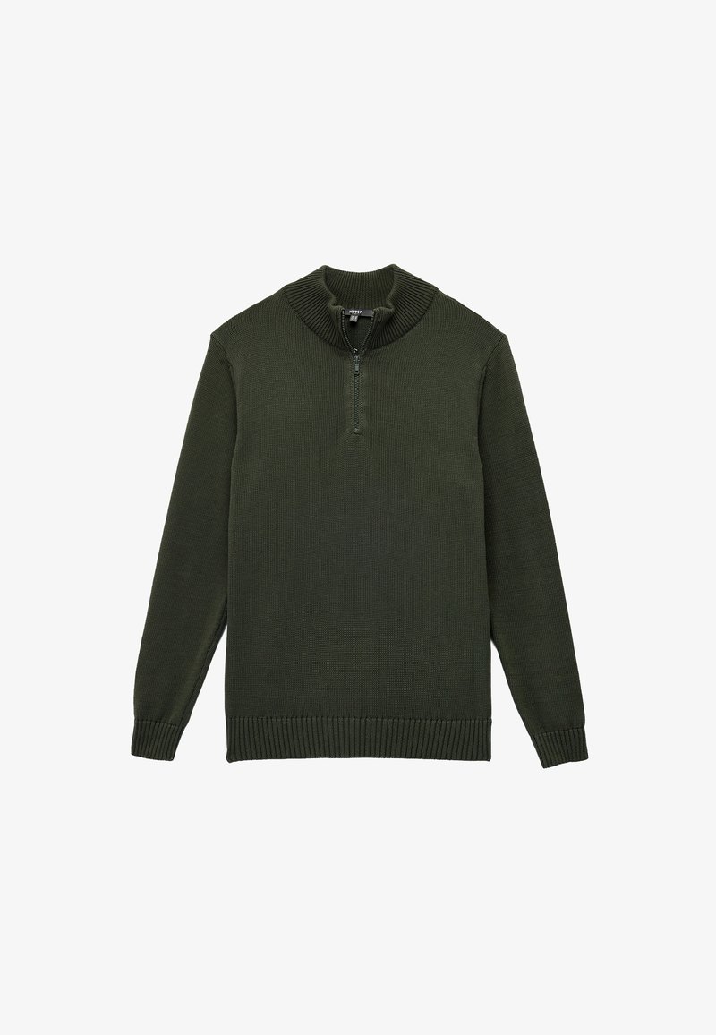 Dunkelgrüner Strickpullover mit hohem Kragen, verfügt über einen Viertelreißverschluss sowie gerippte Bündchen und Saum. Die strukturierte Stoffart sorgt für zusätzliche Wärme.