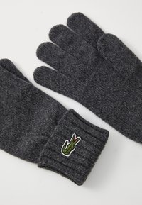 Guantes grises de punto con un puño acanalado. Presentan un parche con el logo de un cocodrilo verde en el puño. Textura suave con secciones de dedos definidas.