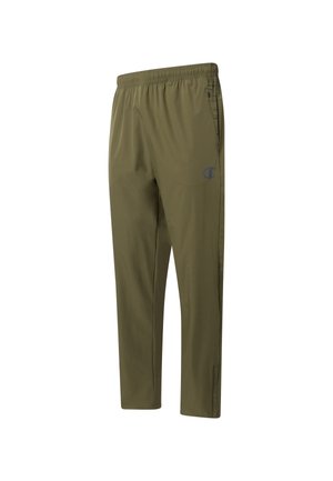 Oliwkowo-zielone sportowe spodnie z elastycznym paskiem w talii, bocznymi kieszeniami na zamek i subtelnym logo na lewej udzie.