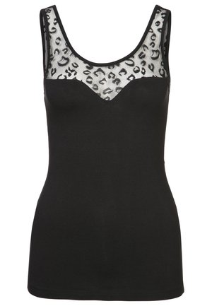 Schwarzes Tanktop aus glattem Stoff mit einem transparenten Leopardenmuster-Mesh am Ausschnitt. Eng anliegende Form mit breiten Trägern und einem abgerundeten Saum.