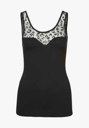 Sort tank top i glat stof med en gennemsigtig leopardprint netkrave. Figursyet pasform med brede stropper og rundet kant.