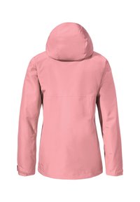 Giacca impermeabile rosa con un cappuccio aderente, maniche lunghe e una consistenza liscia. Presenta un design semplice senza motivi visibili o dettagli hardware.