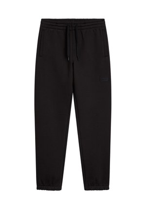 Pantalones de chándal negros hechos de una suave mezcla de algodón. Cuentan con una cintura elástica con cordón, bolsillos laterales y puños en los dobladillos.