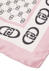 Foulard di seta con sfondo bianco, patterns geometrici neri e bordo in satin rosa. I bordi sono rifiniti con cura.