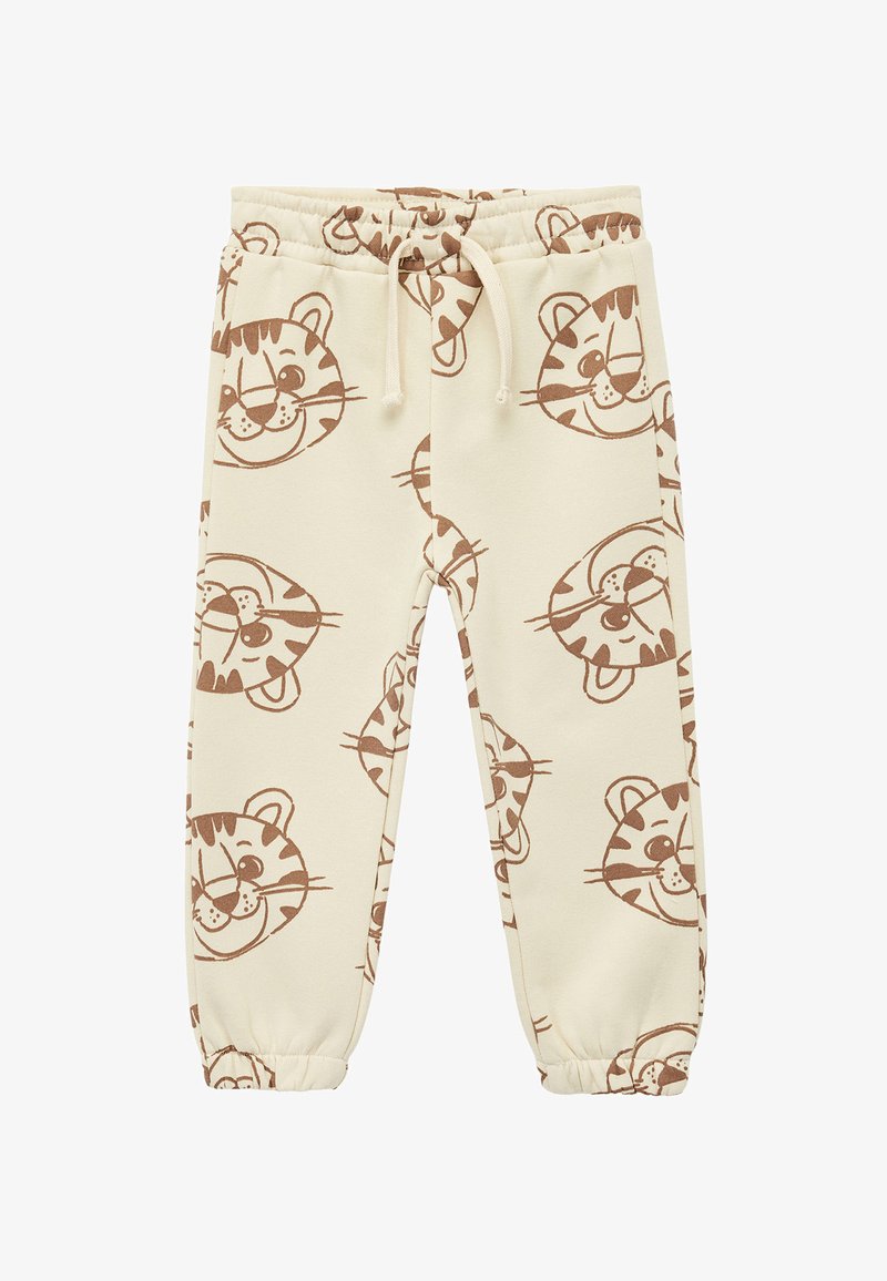 Cremfarbene Jogginghose mit wiederholtem braunem Tigerkopf-Muster, elastischem Bund mit Kordelzug und schmal zulaufenden Säumen.