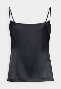 Haut caraco sans manches en satin noir avec fines bretelles réglables et encolure droite sur fond blanc.