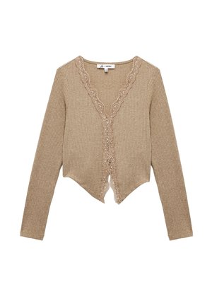 Cárdigan beige de canalé con escote en V y bordado de encaje en el frente, con mangas largas y un dobladillo corto. Textura de punto suave.
