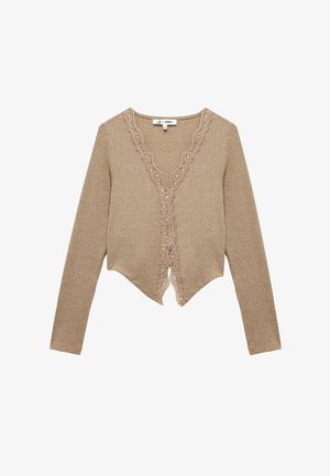 Cárdigan beige de canalé con escote en V y bordado de encaje en el frente, con mangas largas y un dobladillo corto. Textura de punto suave.