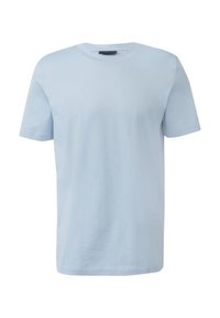 Hellblaues Baumwoll-T-Shirt mit kurzen Ärmeln, Rundhalsausschnitt und glatter Textur. Keine Muster oder Verzierungen festgestellt.