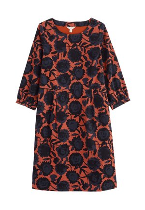 Oranžs garenā piedurkne kleita ar tumši zilu ziedu rakstu. Ar apaļu izgriezumu un sānu kabatām, izgatavota no mīksta auduma.
