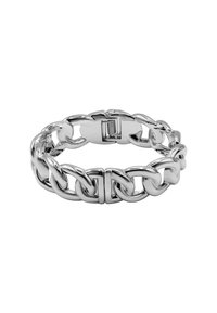 Bracciale in metallo argentato con link interconnessi, caratterizzato da una superficie liscia e riflettente e una chiusura a moschettone.