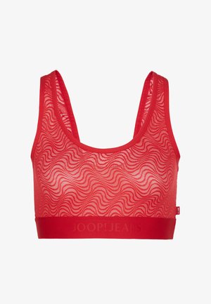 Czerwony sportowy biustonosz z siateczki z falistym wzorem, szerokimi ramiączkami i solidnym czerwonym pasem z wytłoczonym logo „JOOP! JEANS”. Lekka i przewiewna konstrukcja.