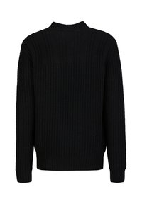 Schwarzer Strickpullover mit strukturiertem Muster, geripptem Ausschnitt und Bündchen. Verfügt über eine lässige Passform und dezente vertikale Details auf der Rückseite.