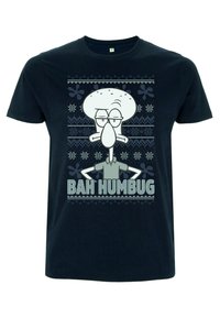 Námořnicky modré bavlněné tričko s tištěným motivem Squidwarda a textem "BAH HUMBUG" a vzory sněhových vloček ve světlejších barvách.