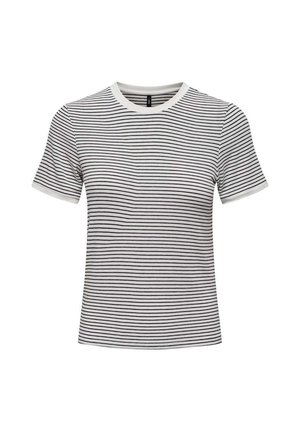 T-shirt blanc à manches courtes avec col rond et fines rayures noires horizontales uniformément espacées sur le tissu.