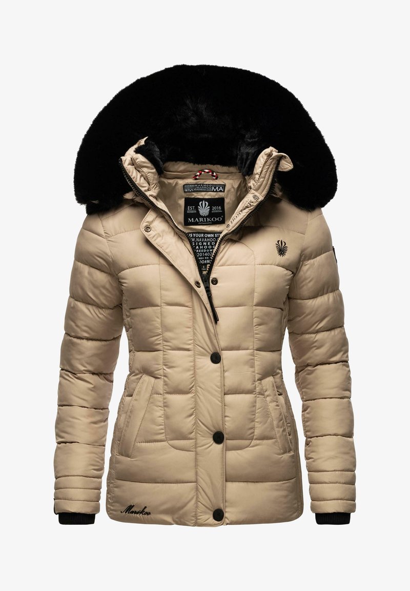 Beige puffer jacket with a black faux fur hood, quilted design, two side pockets, and embroidered logo. Front zipper and button closure.