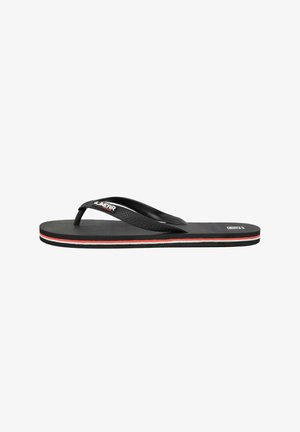 Black rubber flip-flop with a textured strap and a cushioned base. Features red and white accent lines along the sole.