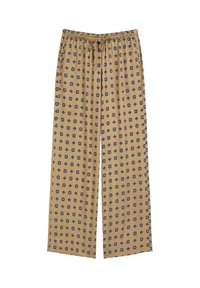 Pantalons large couleur brun clair avec une taille élastique à cordon et des motifs floraux bleu marine. Tissu doux avec une coupe décontractée.