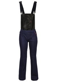 Denim tuinbroek met een zwart nep leren bies, verstelbare bandjes, voorzakken en een subtiele rode accenten aan de zijkant. Klassieke pasvorm en stevig materiaal.