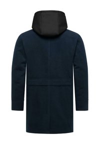 Námornícky kabát s čiernou kapucňou, materiál z vlnenej zmesi, rovný strih, dlhé rukávy a bočné vrecká. Minimalistický dizajn bez viditeľných kovových prvkov.