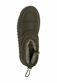 Grüner isolierter Stiefel mit einem gesteppten Design, weichem grauem Innenfutter und einem Zugverschluss an der Oberseite. Strukturiertes Gummisohlenmaterial für besseren Halt.