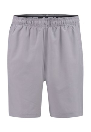 Jasnoszare szorty z elastycznym pasem, wykonane z gładkiego materiału i luźnym kroju, zaprojektowane do noszenia w stylu casualowym lub sportowym.