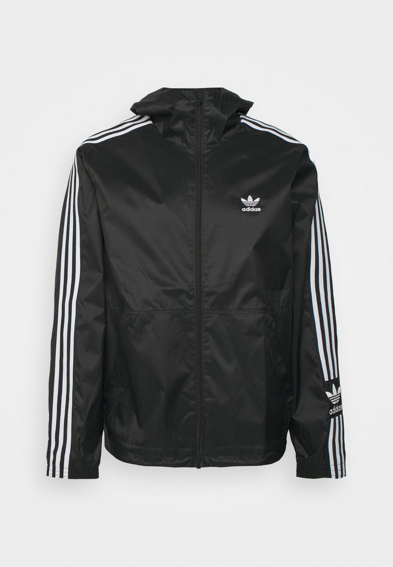 Black hooded jacket with zipped front, featuring white three-stripe accents on sleeves and an embroidered logo on the left chest.