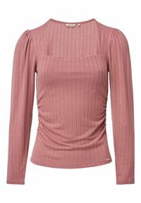 Långärmad topp i mjukt ribbat tyg, rosa färg, fyrkantig halsringning, skräddarsydd detaljer på sidan och något puffiga axlar.