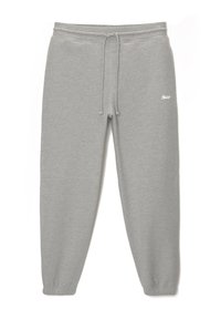 Grijze sweatpants met elastische tailleband en koord. Heeft taps toelopende benen en een logo-accent aan de voorkant. Zachte stofstructuur.