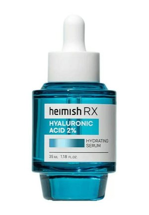 Bottiglia di vetro blu con tappo contagocce bianco etichettata Heimish RX Acido Ialuronico 2% siero idratante, 35 ml (1,18 fl. oz).