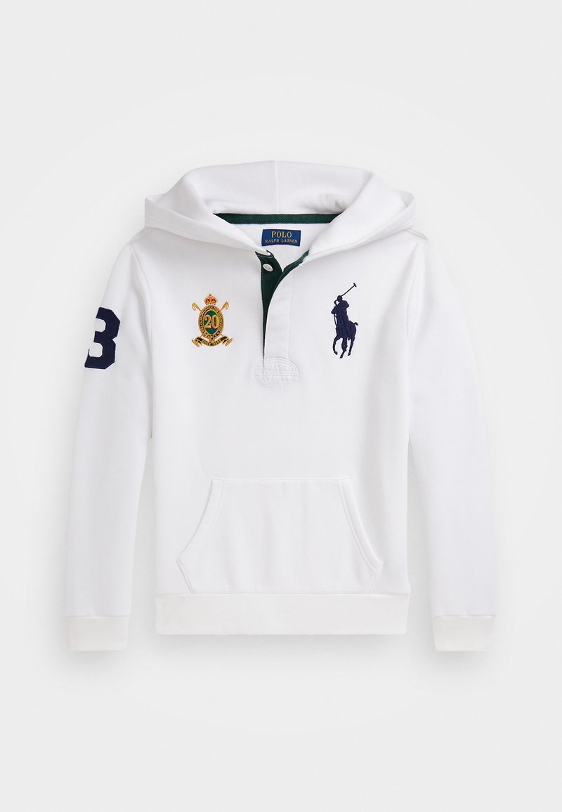 Sweat à capuche blanc avec un col vert, doté d'une poche kangourou, logos brodés et accents navy. Tissu doux, design décontracté.