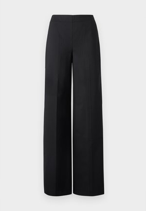 Pantaloni neri a gamba larga realizzati in un tessuto liscio. Presentano una vita alta e linee pulite e dritte senza tasche visibili o decorazioni.