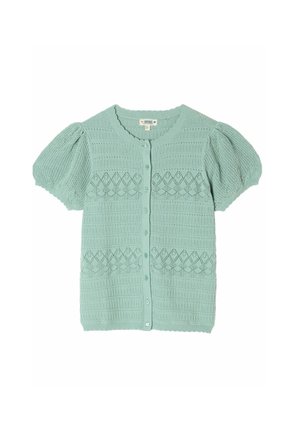 Lichtgroene gebreide korte mouwen cardigan met knoopsluiting aan de voorkant en gestructureerde diamant- en streeppatronen.