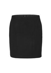 Jupe crayon noire longueur genou avec une texture lisse et une petite étiquette de marque au centre avant de la ceinture.