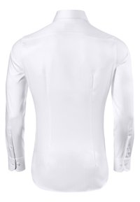 White long-sleeve dress shirt with a classic collar, smooth texture, and tailored fit. Features button cuffs and a subtle vertical stripe pattern.