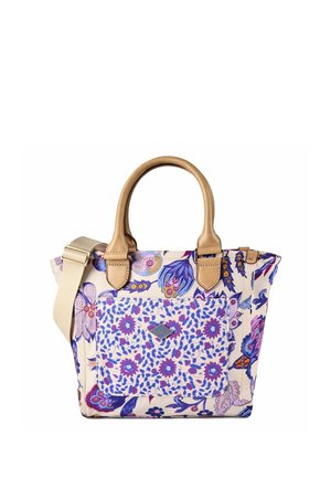 Bolsa tote con estampado floral, asas de cuero beige, bolsillo frontal y correa de hombro beige ajustable sobre fondo blanco.