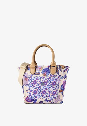 Sac cabas à motif floral avec poignées en cuir beige, poche avant et bandoulière beige réglable sur fond blanc.