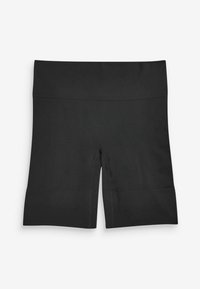 Zwarte slim fit shorts van rekbaar materiaal, met een hoge tailleband en een zachte textuur, in een lengte tot halverwege de bovenbenen en zonder zichtbare patronen.