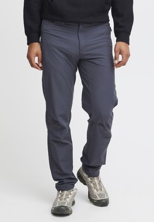 Men's dark gray pants, made of lightweight fabric, with a smooth texture and a slim fit. Features side pockets and zippers for adjustability.